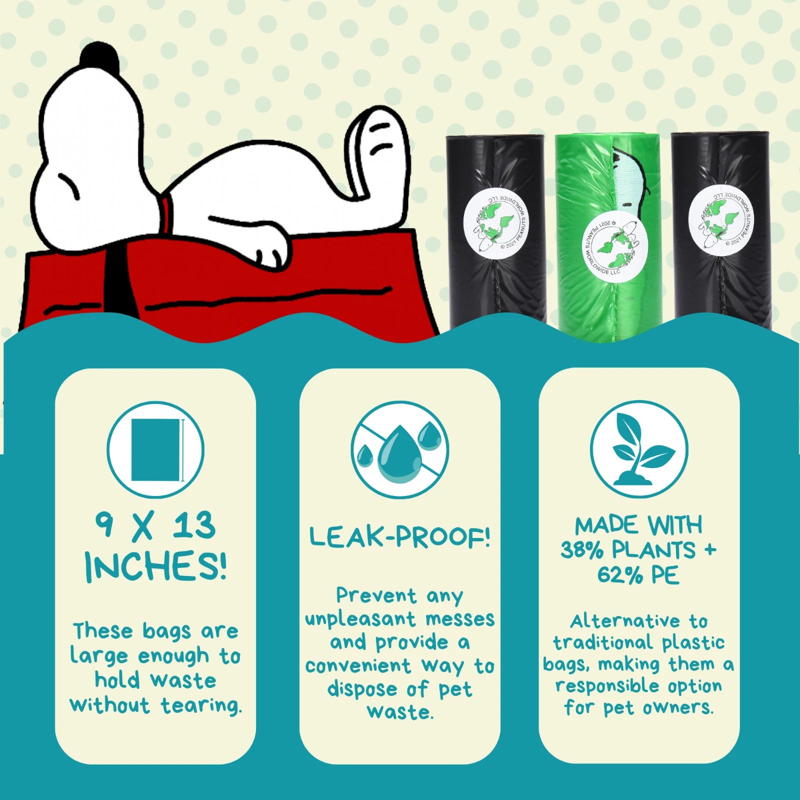 360 Count Peanuts Dog Poop Bags - Snoopy Design - 24 Rolls - Unscented