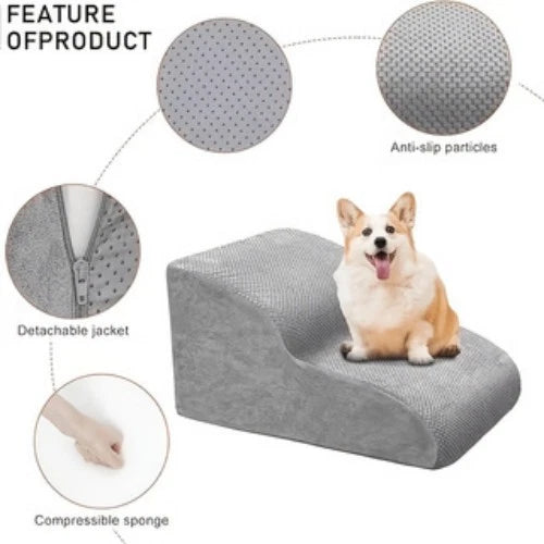 2-Step Curved Pet Stairs for Small Dogs &amp; Cats, New Gray Non-Slip Particle