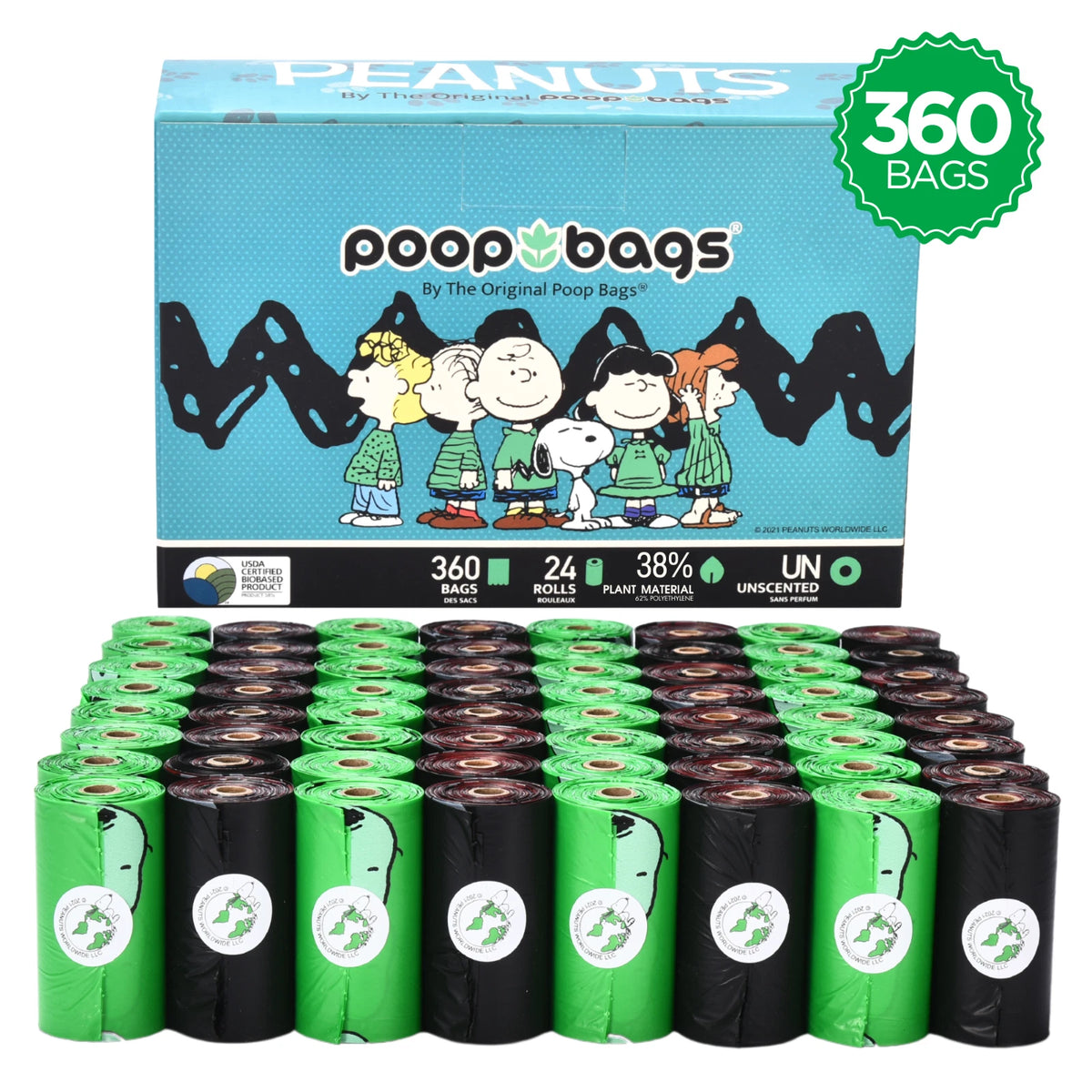360 Count Peanuts Dog Poop Bags - Snoopy Design - 24 Rolls - Unscented