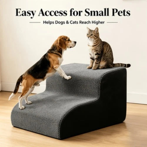 2-Step Curved Pet Stairs for Small Dogs &amp; Cats, New Gray Non-Slip Particle