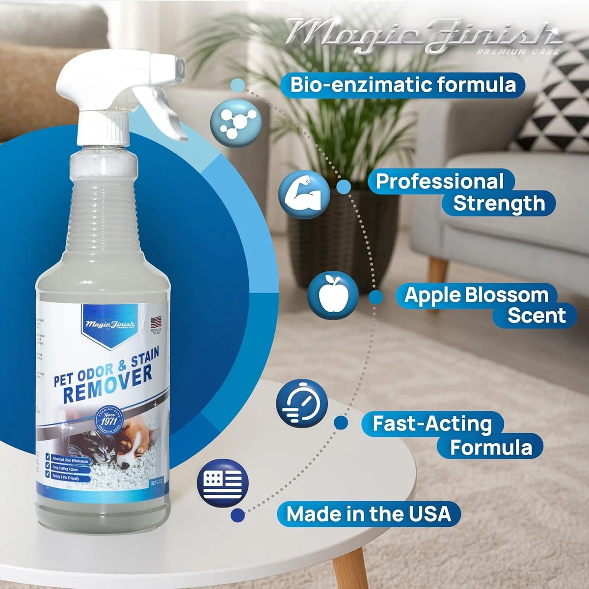 Magic Finish Pet Odor &amp; Stain Remover 32 oz Enzyme Carpet Cleaner for Dog &amp; Cat