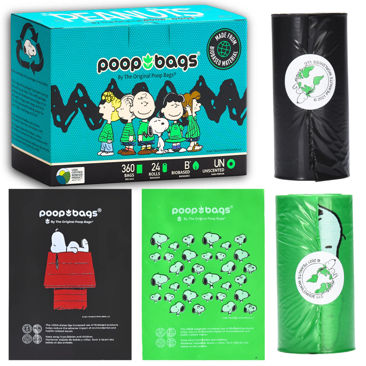 360 Count Peanuts Dog Poop Bags - Snoopy Design - 24 Rolls - Unscented