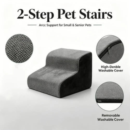 2-Step Curved Pet Stairs for Small Dogs &amp; Cats, New Gray Non-Slip Particle
