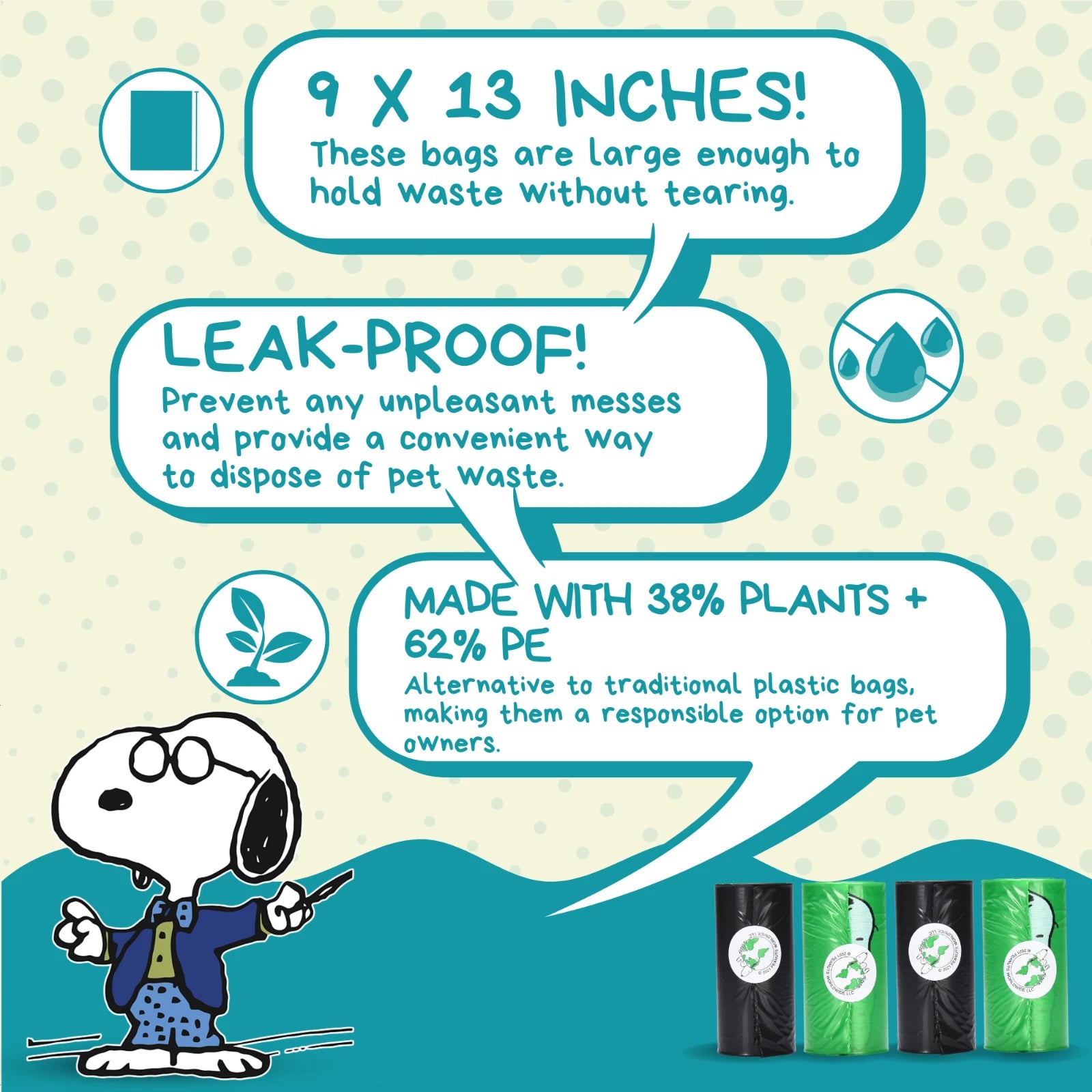 360 Count Peanuts Dog Poop Bags - Snoopy Design - 24 Rolls - Unscented