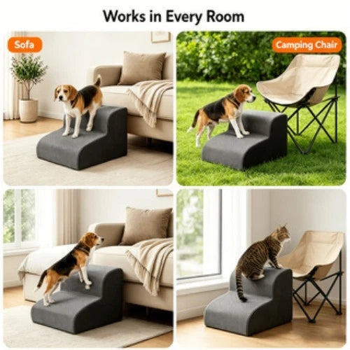 2-Step Curved Pet Stairs for Small Dogs &amp; Cats, New Gray Non-Slip Particle