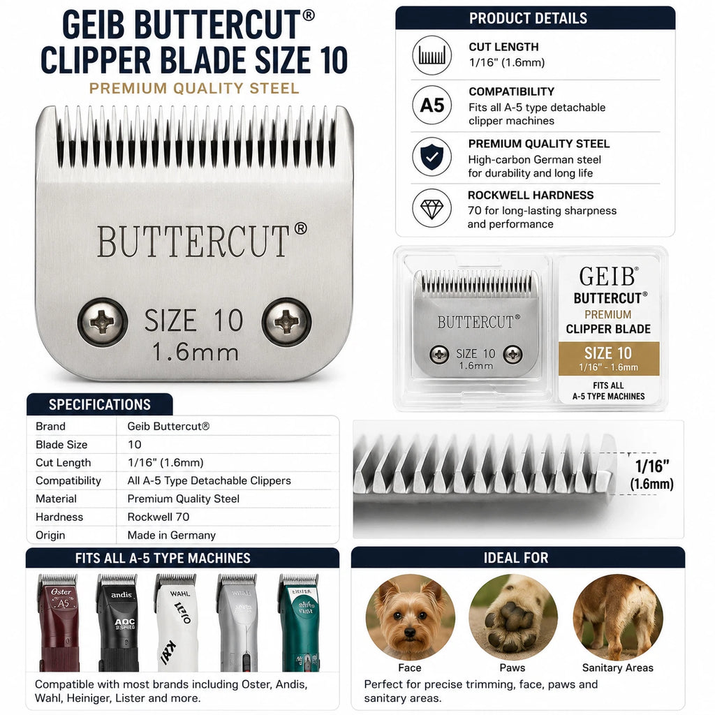 Geib Buttercut Size 10 Clipper Blade A5 Compatible Pet Grooming Replacement 1.6m