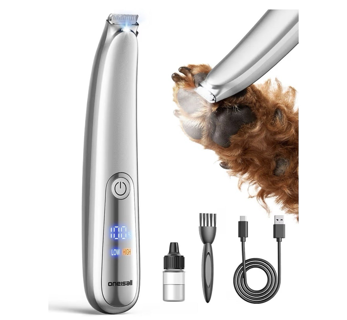 Oneisall Dog Paw Trimmer, 2-Speed Up to 6500 RPM, 35dB Low-Noise Safe Pet Paw