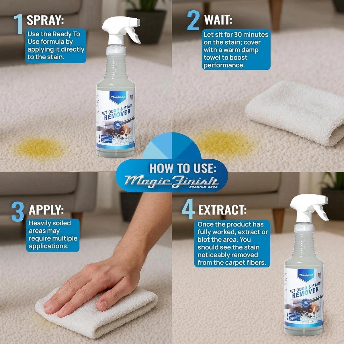 Magic Finish Pet Odor &amp; Stain Remover 32 oz Enzyme Carpet Cleaner for Dog &amp; Cat
