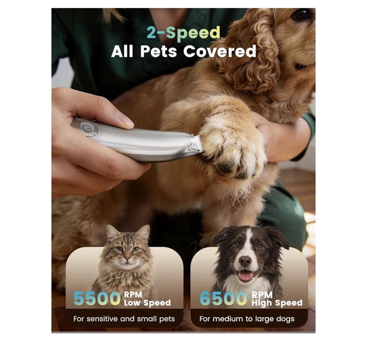 Oneisall Dog Paw Trimmer, 2-Speed Up to 6500 RPM, 35dB Low-Noise Safe Pet Paw