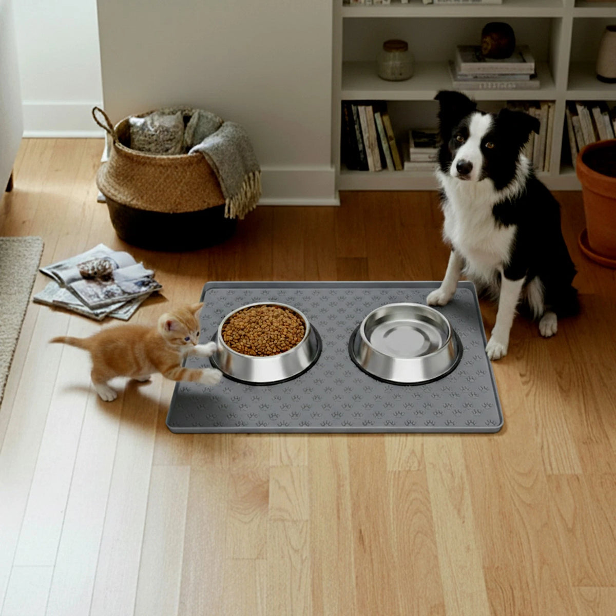 Grey Silicone Raised Edges Pet Feeding Mat for Dog &amp; Cat Bowls 21.65*15.75in