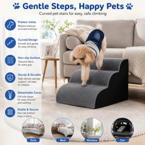 2-Step Curved Pet Stairs for Small Dogs &amp; Cats, New Gray Non-Slip Particle