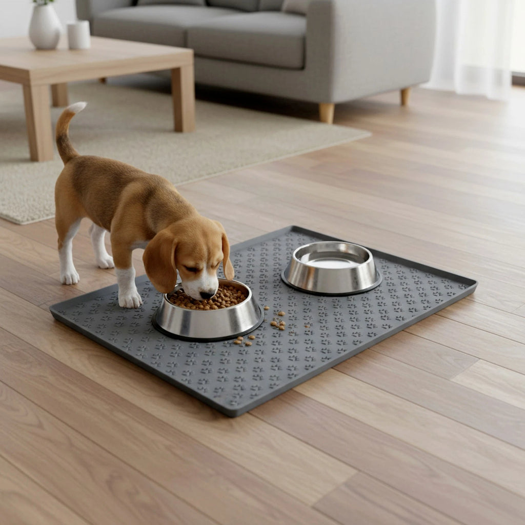 Grey Silicone Raised Edges Pet Feeding Mat for Dog &amp; Cat Bowls 21.65*15.75in